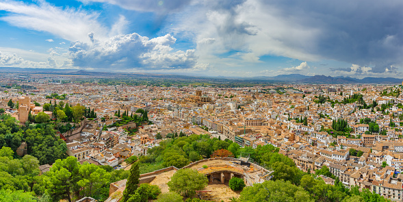 Alhambra. Panoramic views of the mountains and the old city from the observation deck of Alcazaba. Granada, Andalusia, Spain