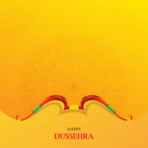 Happy Dussehra Indian Festival card with bow on Orange Background with Mandala. Happy Dussehra hinduism Festival of Indian Vector Background with Colorful bow on Orange Mandala Background . dussehra stock illustrations