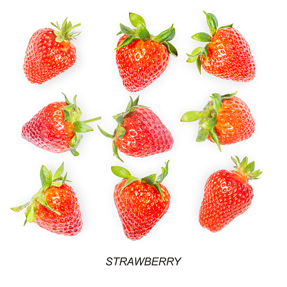 Strawberry collection. Strawberryies isolated on white background with clipping path. View from different angles. Seamless Pattern