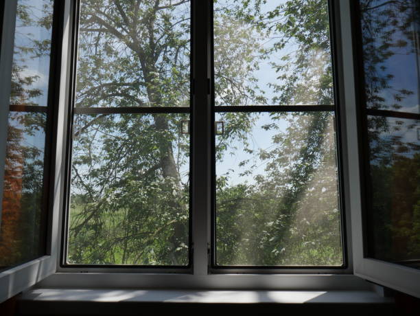 istock Open window. Summer. Outside the window, leaves and trees. Abstraction. 1281585423