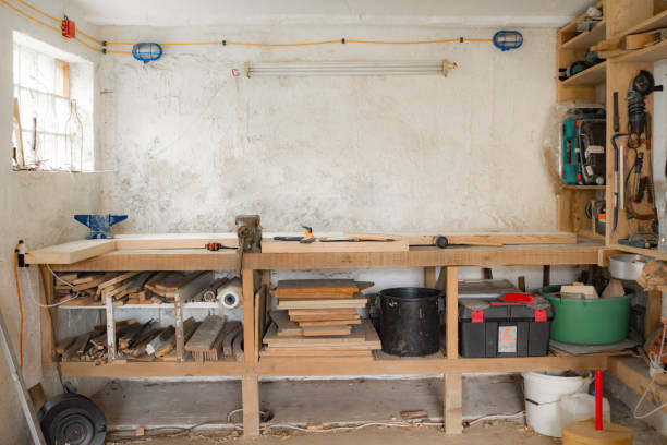 Various carpenter's tools and supplies in a garage. Various carpenter's tools and supplies in a garage. woodshop stock pictures, royalty-free photos & images