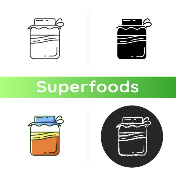 Kombucha icon Kombucha icon. Vegan food in a jar preparation. Healthy meal ingredients ideas. Eco products. Tasty mushroom. Linear black and RGB color styles. Isolated vector illustrations kombucha jar stock illustrations