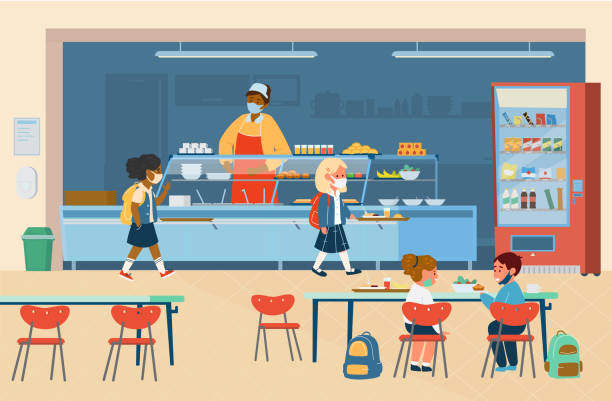 vector school canteen mit schülern in schutzmasken - junior school stock-grafiken, -clipart, -cartoons und -symbole