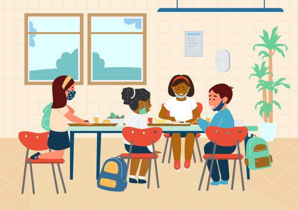 illustrations, cliparts, dessins animés et icônes de élèves d’école primaire dans des masques protecteurs déjeunant dans la cafétéria d’école. - cantine