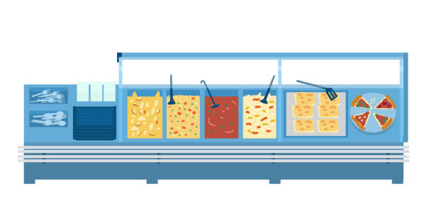 istock Food court or canteen with different food and utensils. 1281588330