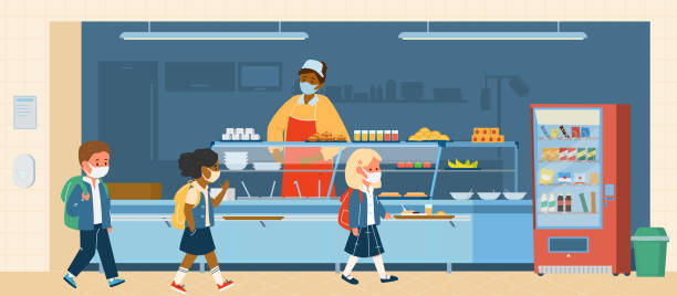 Vector School Canteen With Pupils In Protective Masks Stock Illustration -  Download Image Now - iStock