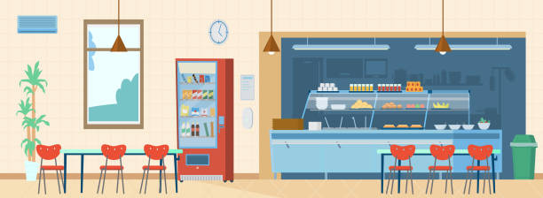 School Canteen Interior. School Canteen Interior Horizontal Background. Kitchen, Vending Machine, Trash Can, Tables With Chairs, Menu, Hand Sanitizer. Flat Vector Illustration. buffet illustrations stock illustrations