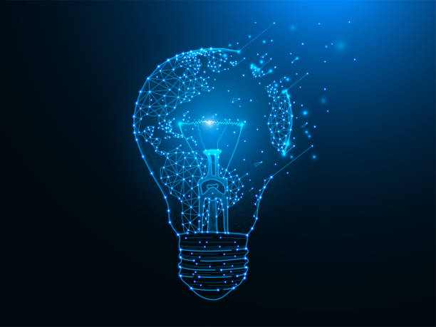 istock Light bulb and map of planet Earth polygonal illustration on dark blue background 1281590225