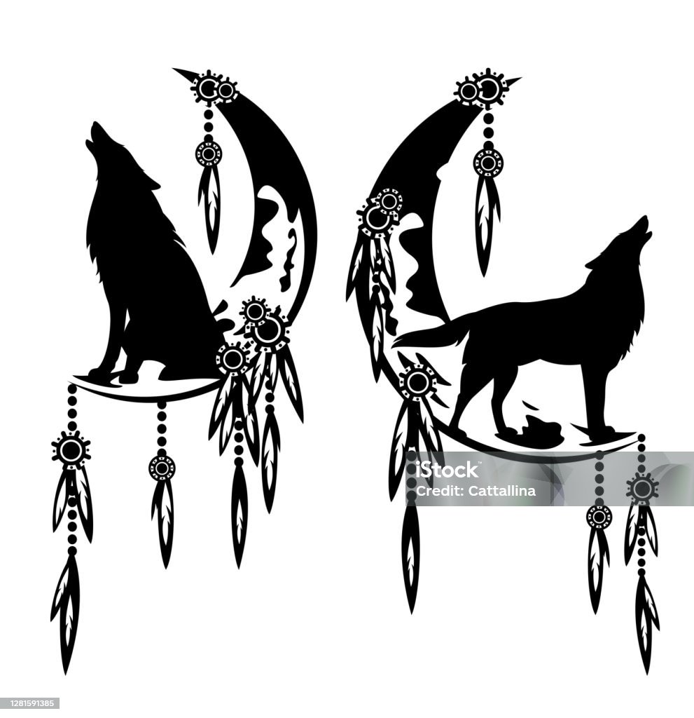 Thiết Kế Vectơ Đen Trắng Của Người Bắt Giấc Mơ Với Sói Hú Và Trăng ...