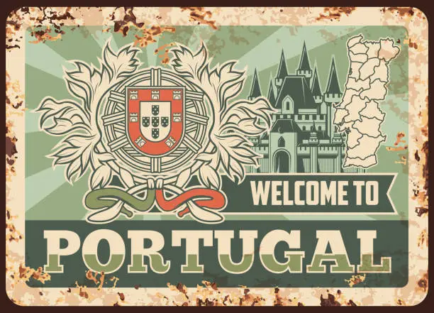 Vector illustration of Portugal rusty metal plate, vector rust tin sign
