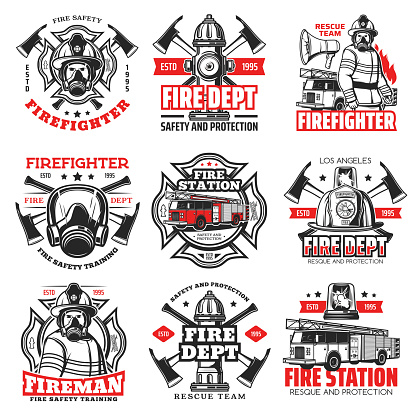 Fire and firefighter department icons, fireman helmet and axe vector badges. Fire fighter rescue team emblems with water hydrant, safety hat and fire engine truck ladder, firefighting emergency signs