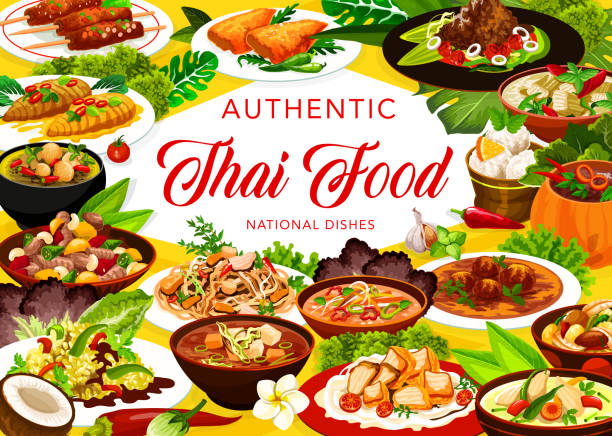 Thailand cuisine restaurant meals vector banner Thai cuisine restaurant menu meals vector banner. Chicken pad, miso and tom yum soup, shrimp broth, fish meatball curry and pumping with baked cream, coconut ice cream, white eggplant and red curry pad thai stock illustrations