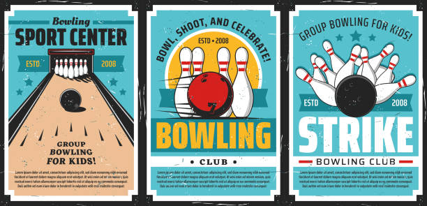 illustrations, cliparts, dessins animés et icônes de affiches de club de bowling, sport de grève de boule et de broche - 44858