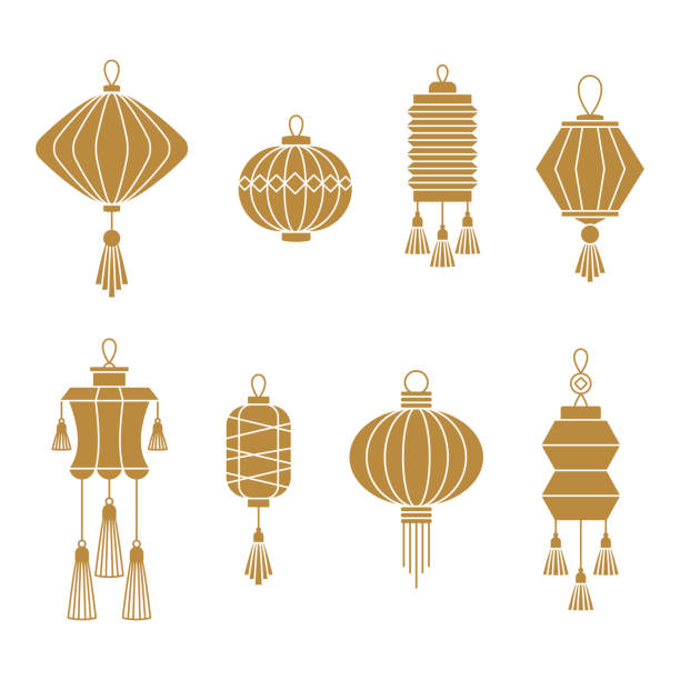 ilustraciones, imágenes clip art, dibujos animados e iconos de stock de juego de linternas de papel chino. iconos de oro vectorial plano. - chinese lantern