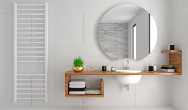 istock Modern bathroom interior in loft style chest of drawers 1281594783