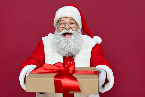 Happy funny old bearded Santa Claus wears costume holds present, Merry Christmas giftboxes wrapped with red ribbon, laughing giving gift box having fun isolated on red xmas background.