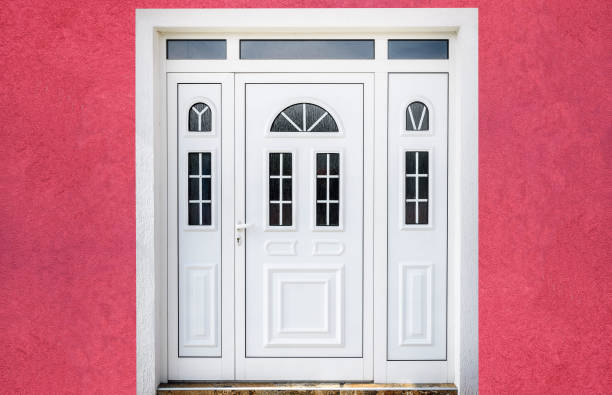 Front door PVC White plastic door door lever stock pictures, royalty-free photos & images