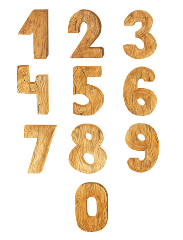 Wooden watercolor set of 10 numbers isolated on a white background. Rustic birthday number clipart. Boho style wood collection of numbers for nursery school.