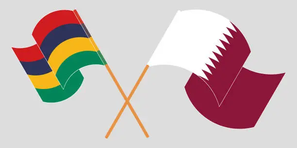 Vector illustration of Crossed and waving flags of Mauritius and Qatar