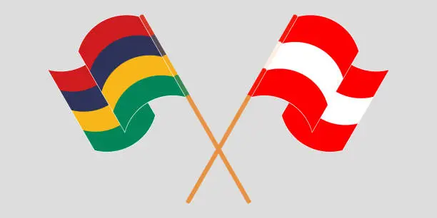 Vector illustration of Crossed and waving flags of Mauritius and Austria