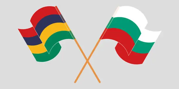 Vector illustration of Crossed and waving flags of Mauritius and Bulgaria
