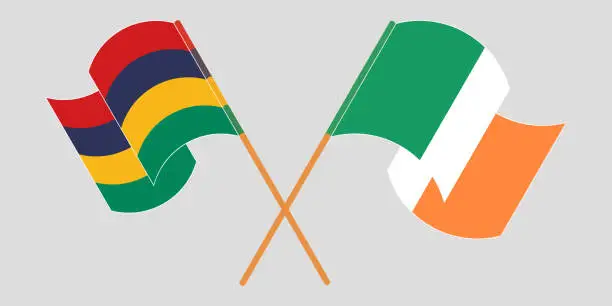 Vector illustration of Crossed and waving flags of Mauritius and Ireland