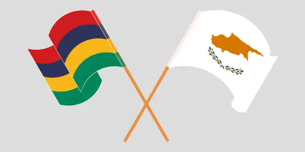 Vector illustration of Crossed and waving flags of Mauritius and Cyprus