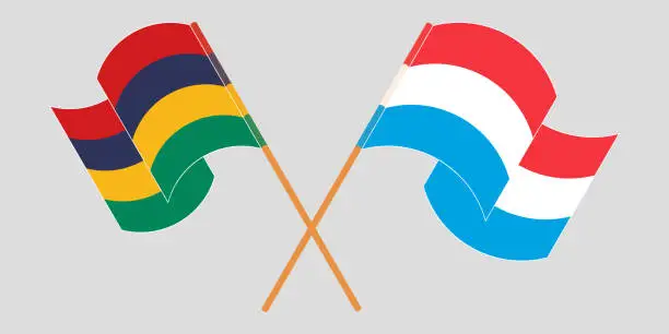 Vector illustration of Crossed and waving flags of Mauritius and Luxembourg