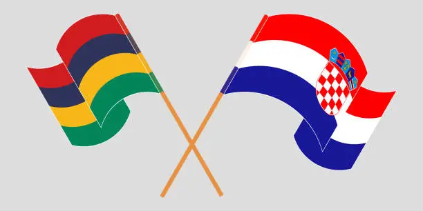 Vector illustration of Crossed and waving flags of Mauritius and Croatia