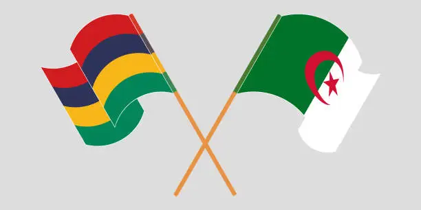Vector illustration of Crossed and waving flags of Mauritius and Algeria