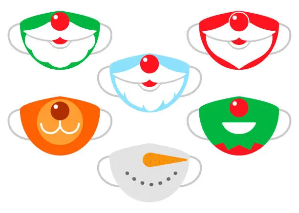 Vector illustration of Protection individual masks mouth of santa claus, deer, snowman and elf. Face masks for Christmas, New Year. Vector illustration