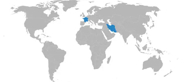 Vector illustration of Iran, France countries highlighted on world map.