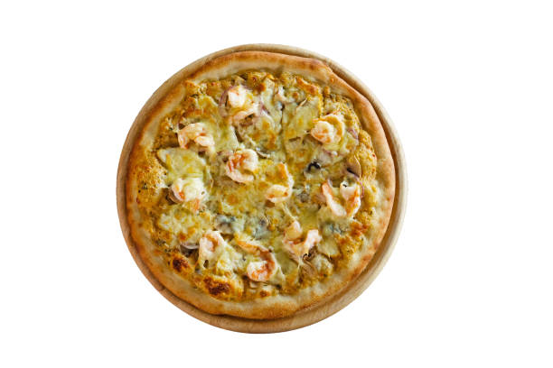 Seafood pizza with shrimp isolated on white background, top view