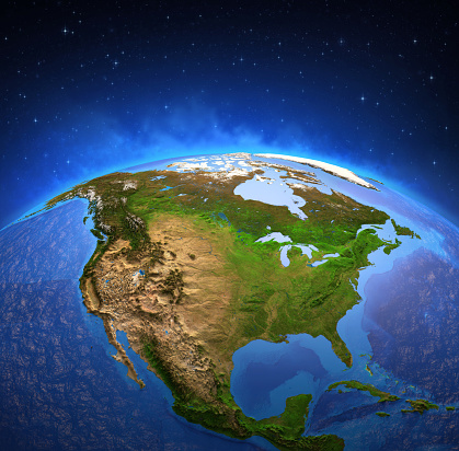 Surface of Planet Earth viewed from a satellite, focused on North America. Physical map of The United States USA and Canada. 3D illustration (Blender software) - Elements of this image furnished by NASA (https://eoimages.gsfc.nasa.gov/images/imagerecords/73000/73776/world.topo.bathy.200408.3x5400x2700.jpg).