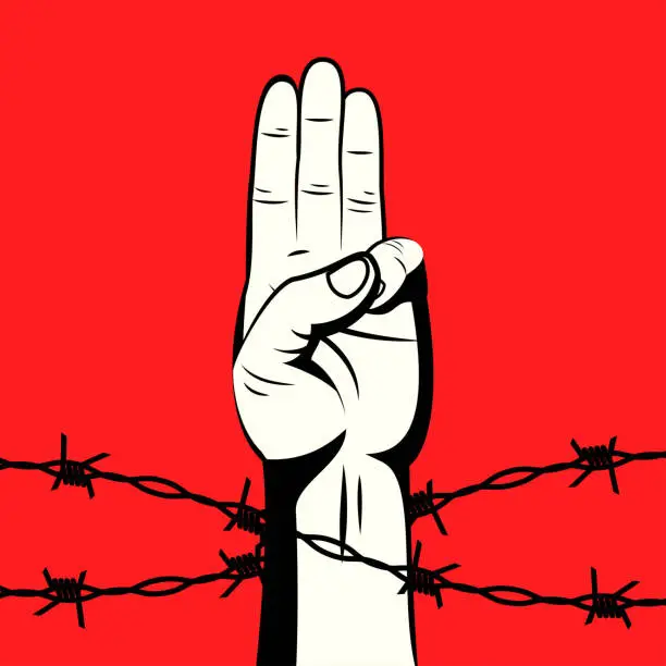 Vector illustration of The 3 finger salute protest sign behind barbed wire on red background vector illustration. Protest against violence, injustice and dictatorship. Fight for democracy