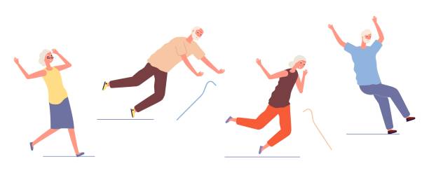 sinkende ältere menschen. alte frau mann stolpern und rutschen. gefährliches trauma von senioren, gesundheitsversorgung und sicherheit. traumatische unfall isolierte zeichen vektor-illustration - falling people tripping senior adult stock-grafiken, -clipart, -cartoons und -symbole