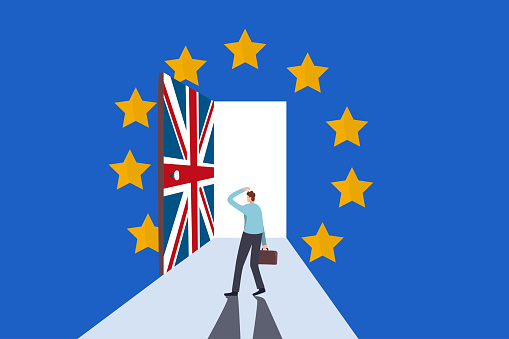 Brexit negotiation, deal and decision, Europe and United Kingdom economic future after UK exit Euro zone concept, frustrated businessman standing in front of union jack door to exit Euro flag room.