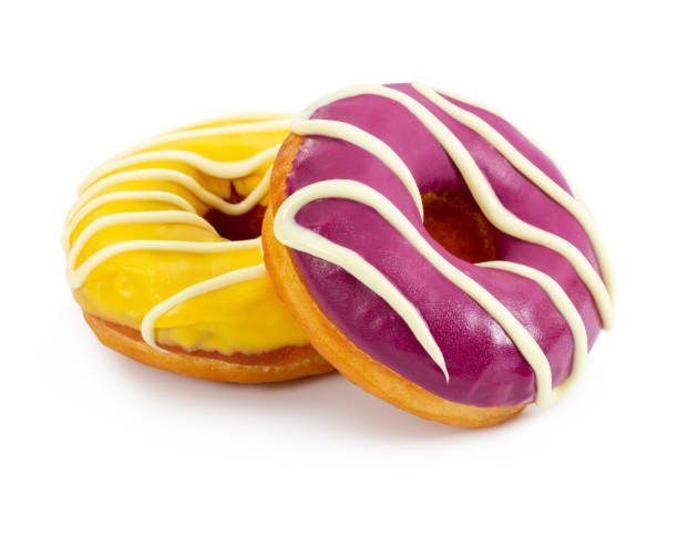 istock Two colorful donuts with stripes isolated on white 1281609269
