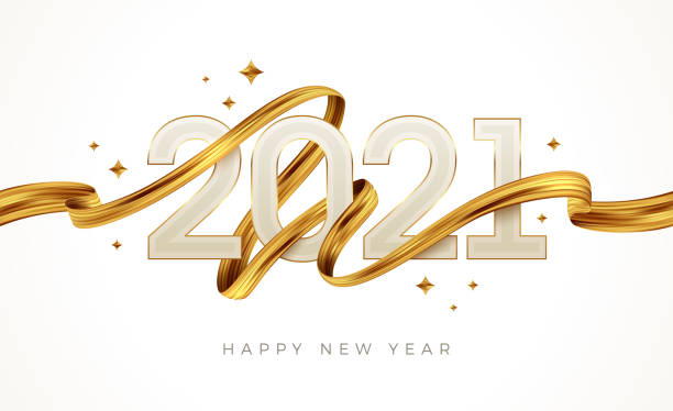 2021年の新年のロゴと黄金のペイントブラシストローク。  金色のリボンを持つ新年の看板。ベクターの図。 - number anniversary gold celebration点のイラスト素材／クリップアート素材／マンガ素材／アイコン素材