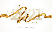 2021 New Year  logo with golden paint brushstroke..   New Year sign with golden ribbon. Vector illustration.