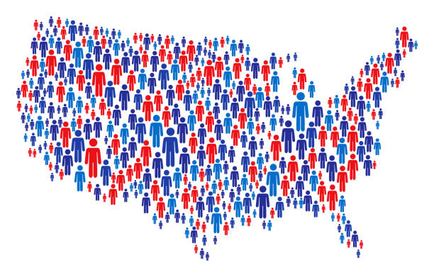 애국적인 색으로 스틱맨 피겨로 만든 미국 지도 - 정부 일러스트 stock illustrations