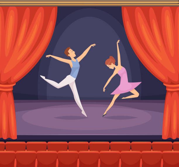 ilustrações de stock, clip art, desenhos animados e ícones de ballet stage. dancer male and female dancing on stage vector beautiful background with red curtains in theatre - round bale