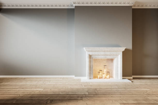 istock Modern classic gray interior with fireplace and candles. 3d render illustration mock up. 1281611196
