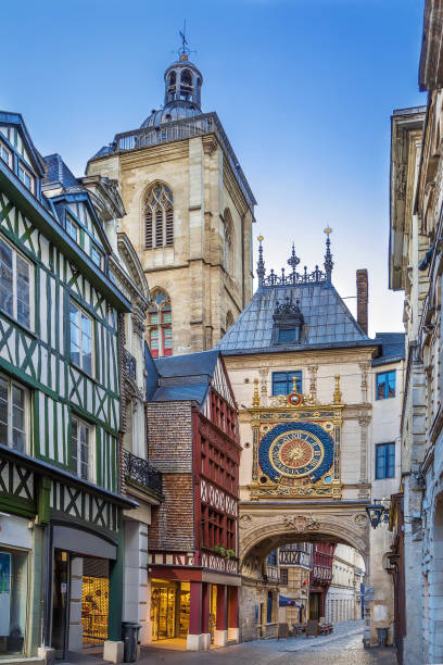 Big Clock clock in Rouen, Normandy Gros-Horloge (English: Great-Clock) is a fourteenth-century astronomical clock in Rouen, Normandy, France rue du gros horloge photos stock pictures, royalty-free photos & images