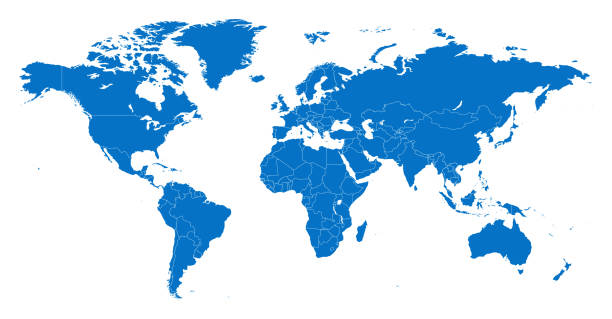 petakan negara-negara seperate dunia biru dengan garis besar putih - peta dunia ilustrasi stok