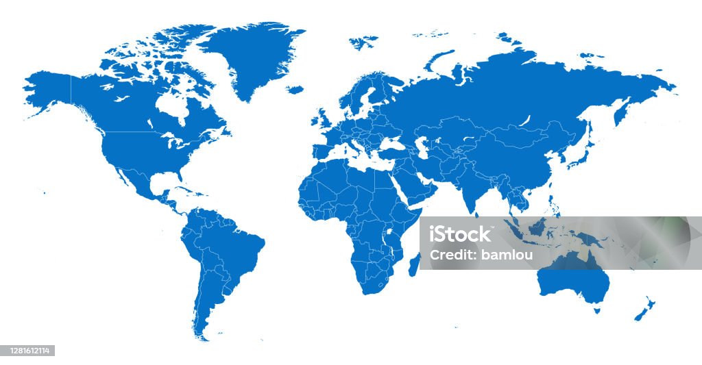 Mappa i paesi seperati del mondo blu con il contorno bianco - arte vettoriale royalty-free di Planisfero