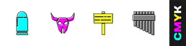 Vector illustration of Set Bullet, Buffalo skull, Road traffic signpost and Pan flute icon. Vector