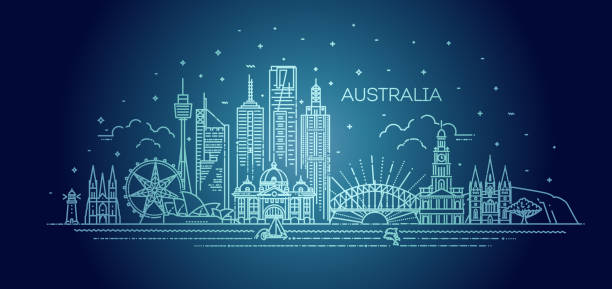 australia architektura linia skyline ilustracja. liniowy wektorowy pejzaż miejski ze słynnymi punktami orientacyjnymi - sydney australia skyline city australia stock illustrations