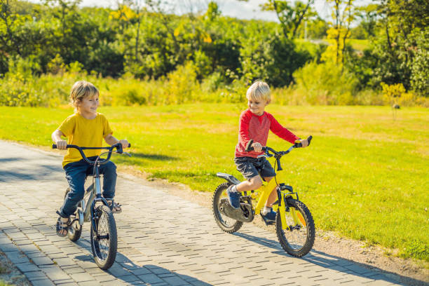 istock Two happy boys cycling in the park 1281617913