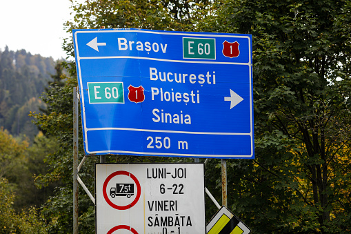 Rasnov, Romania - October 4, 2020: Road indicator on a Romanian road